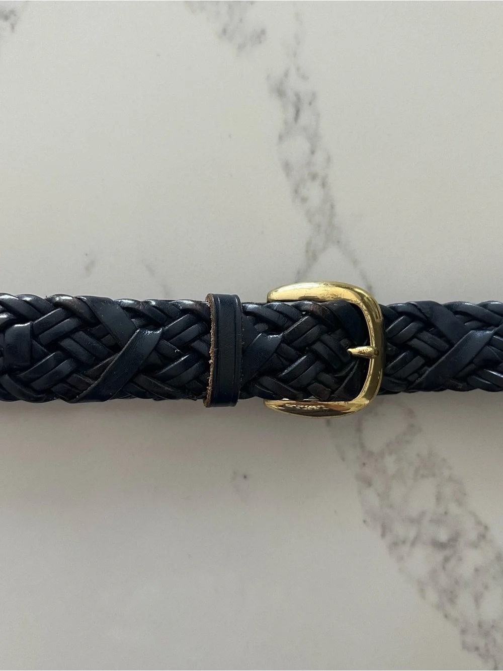 Vintage Talbots Braided Leather Belt Solid Brass Square Buckle Gloss Navy Large